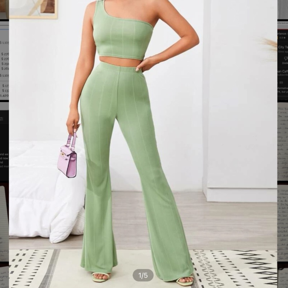 One Shoulder Crop Top & Flare Pants Set